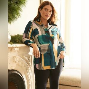 Chicos Woman’s Size 16/18 Abstract Print Button Front Long Sleeve Top Tunic